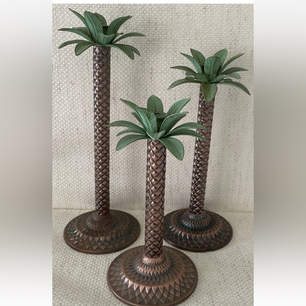 Handcrafted Palm Candlestick Holders with Green Leaf Accent - Set of 3
